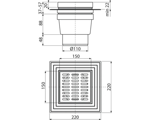 Desen tehnic al unui sifon de pardoseală cu dimensiuni
