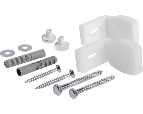 Material de fixare pentru cabine de duș, constând dintr-un conector de colț, dibluri, șuruburi și șaibe