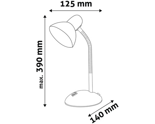 Schiță a unei lămpi de birou cu dimensiunile de 125 mm lățime, 390 mm înălțime maximă și 140 mm lățime bază.
