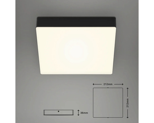 Plafonieră LED pătrată cu dimensiunile de 212 x 212 x 36 milimetri.