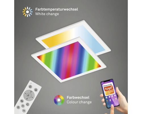Panouri LED pătrate cu schimbare de culoare, inclusiv telecomandă și control prin aplicația pentru smartphone.