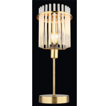Lampă de masă cu abajur din bare de sticlă și bază metalică