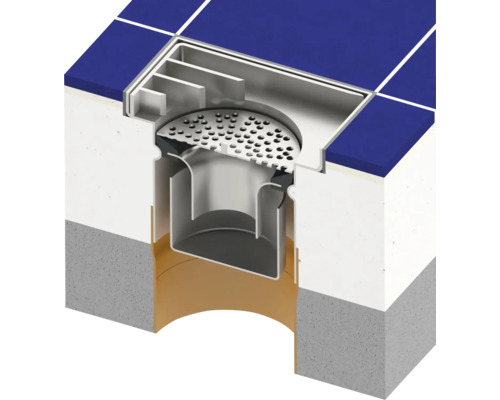 Secțiune transversală a unui sifon de pardoseală cu gresie