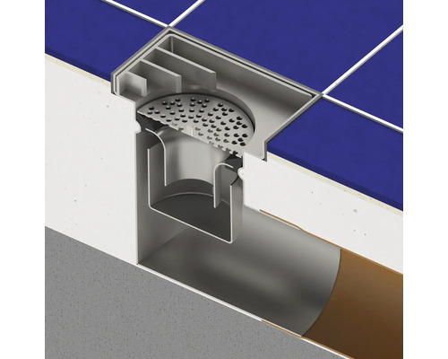 Secțiune transversală a unui set de scurgere în pardoseală cu gresie