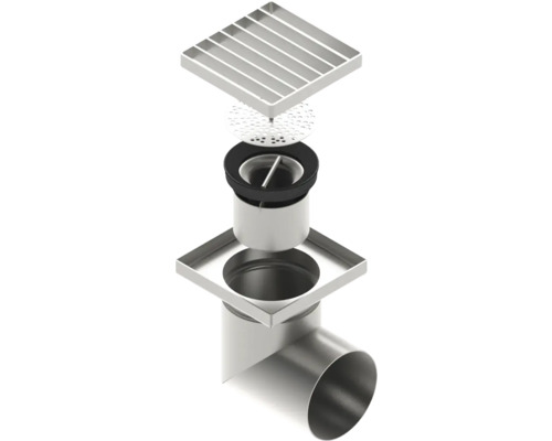 Explozie a unui sifon de pardoseală metalic cu grătar pătrat.