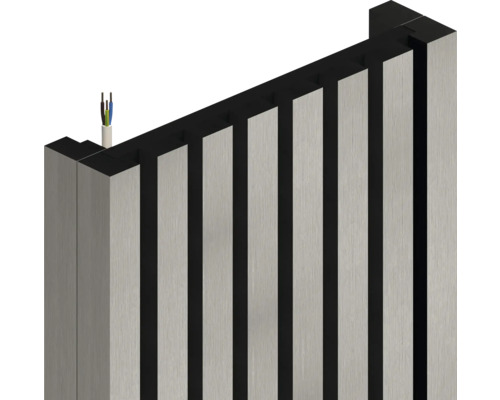 Panou acustic cu lamele verticale și trecere pentru cabluri