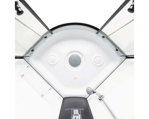 Vedere interioară a unei cabine de duș cu duș de tavan și duș de mână