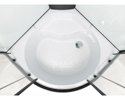 Cabină de duș de colț cu pereți de sticlă și cadru negru, vedere de sus.