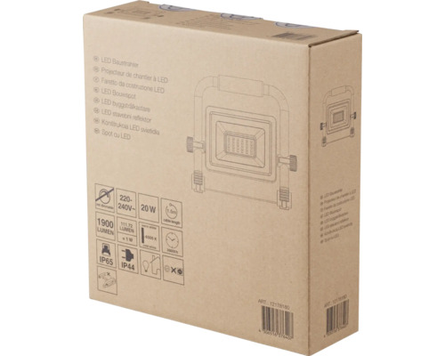 Ambalajul unui reflector LED de șantier cu date tehnice precum 20 wați, 1900 lumeni și grad de protecție IP65