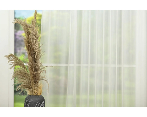 Plante decorative uscate într-o vază în fața unei ferestre.