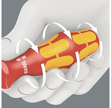 Mâner ergonomic de șurubelniță în mână cu săgeți care indică mișcarea de rotație