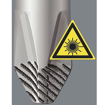 Detaliu unealtă cu marcaj laser și semn de avertizare pentru radiații laser