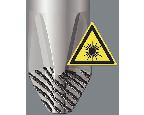 Detaliu unealtă cu marcaj laser și semn de avertizare pentru radiații laser