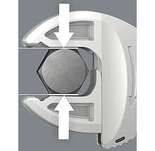 Reprezentare a unei chei care prinde un șurub, însoțită de săgeți direcționale.