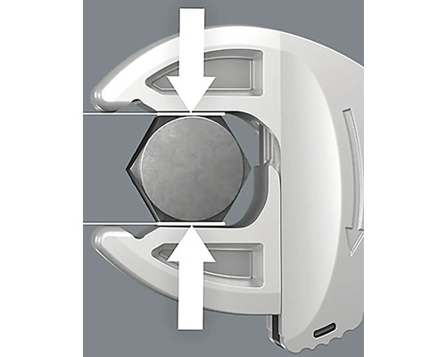 Reprezentare a unei chei care prinde un șurub, însoțită de săgeți direcționale.