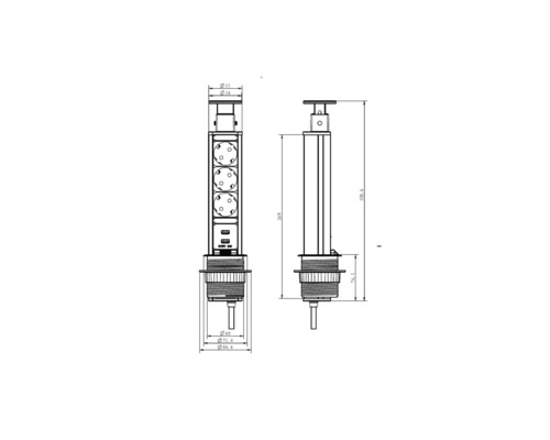 Desen tehnic al unei prize încastrate cu dimensiuni