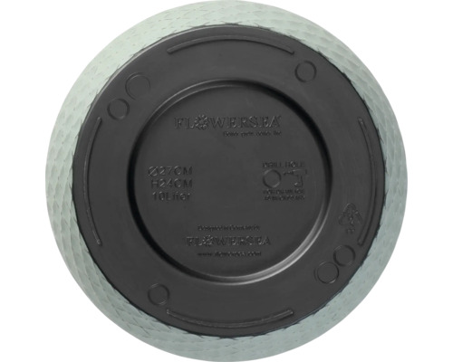 Partea inferioară a unui ghiveci cu informații despre dimensiune, volum și producător