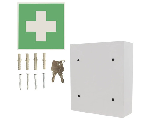 Dulap pentru medicamente de prim ajutor pentru montare pe perete cu simbol de prim ajutor, chei, șuruburi și dibluri