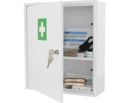 Dulap medical alb deschis, cu materiale de prim ajutor și cheie