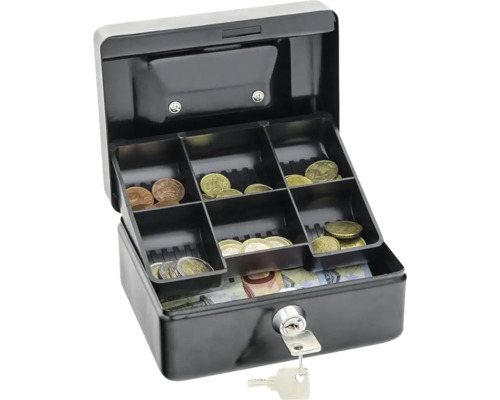 Cutie de bani deschisă cu monede, bancnote și cheie