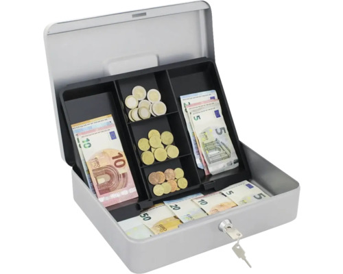 Caseta de bani deschisă cu bancnote și monede euro