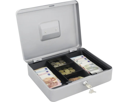 Caseta de bani gri deschisă cu bancnote euro și monede