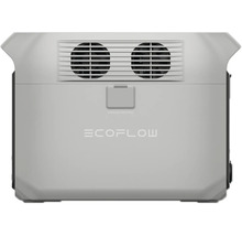 Logo EcoFlow pe stație de alimentare portabilă cu ventilator și conexiune pentru baterie