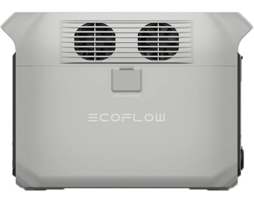 Logo EcoFlow pe stație de alimentare portabilă cu ventilator și conexiune pentru baterie