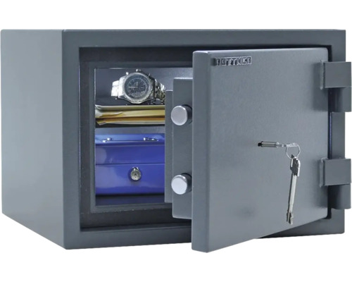 Seif gri deschis cu cheie și conținut