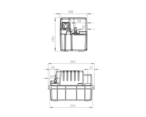 Desen tehnic al unei pompe de condens cu dimensiuni.