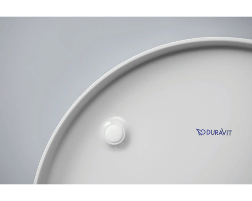 Imagine detaliată a unei chiuvete rotunde din ceramică, cu logo-ul Duravit și dop de scurgere