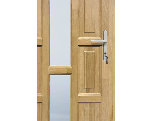 Ușă din lemn cu inserție de sticlă și mâner de ușă argintiu cu chei