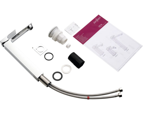 Imagine a unui robinet de lavoar cu accesorii și instrucțiuni de asamblare