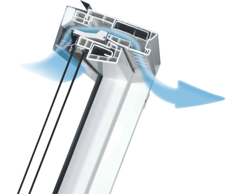 Secțiune transversală a ferestrei de mansardă cu indicator de flux de aer