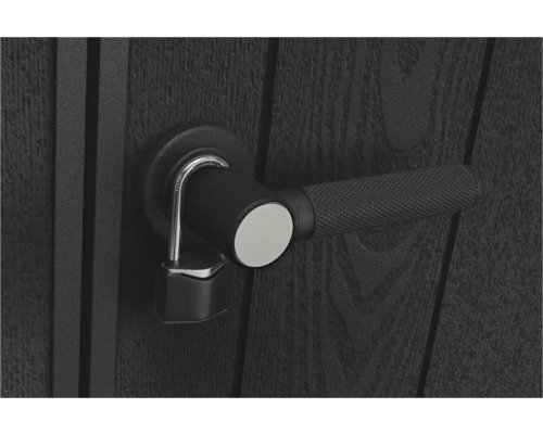 Feronerie de ușă cu mâner și lacăt pe ușa de lemn