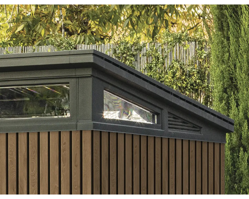 Imagine detaliată cu o căsuță de grădină cu ferestre și placare cu lemn.