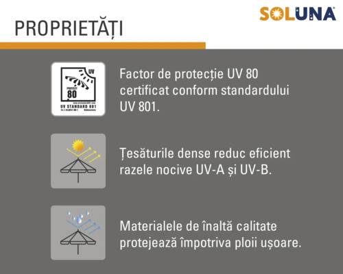 Proprietăți Soluna: Factor de protecție UV 80, certificat conform standardului UV 801. Țesăturile dense reduc eficient razele nocive UV-A și UV-B. Materialele de înaltă calitate protejează împotriva ploii ușoare.