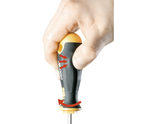 O mână folosește o șurubelniță cu mâner ergonomic.