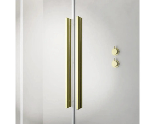 Prim-plan cu cabină de duș cu mânere și armături