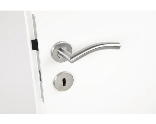 Mâner de ușă din oțel inoxidabil cu rozetă de încuietoare pe o ușă