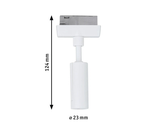 Imagine cu un spot pe șină alb, cu dimensiunile de 124 milimetri înălțime și 23 milimetri diametru