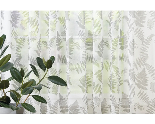 Șaluri decorative cu model de ferigă în fața unei ferestre.