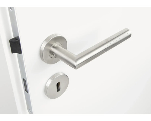 Mâner de ușă din oțel inoxidabil cu rozetă de blocare pe o ușă