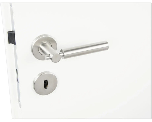 Feronerie de ușă din oțel inoxidabil cu gaură de cheie pe o ușă albă