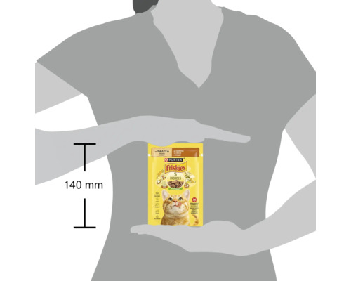 Plicule cu hrană pentru pisici Friskies, cu o înălțime de aproximativ 140 de milimetri