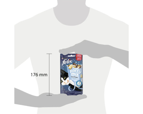 Gustare pentru pisici Felix Party Mix Dairy Delight, pachet de 60 de grame, prezentat cu indicație de dimensiune