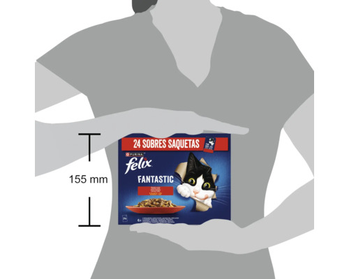 Hrană pentru pisici Felix Fantastic, pachet cu 24 de porții, prezentat cu dimensiunea de 155 mm
