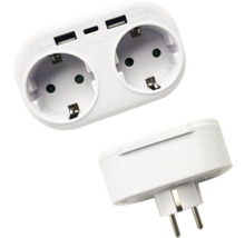 Adaptor priză cu două prize de contact de protecție și porturi USB