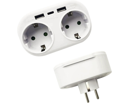 Adaptor priză cu două prize de contact de protecție și porturi USB
