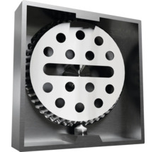 Feliator cu lamă rotundă cu găuri și o fantă într-o carcasă metalică.